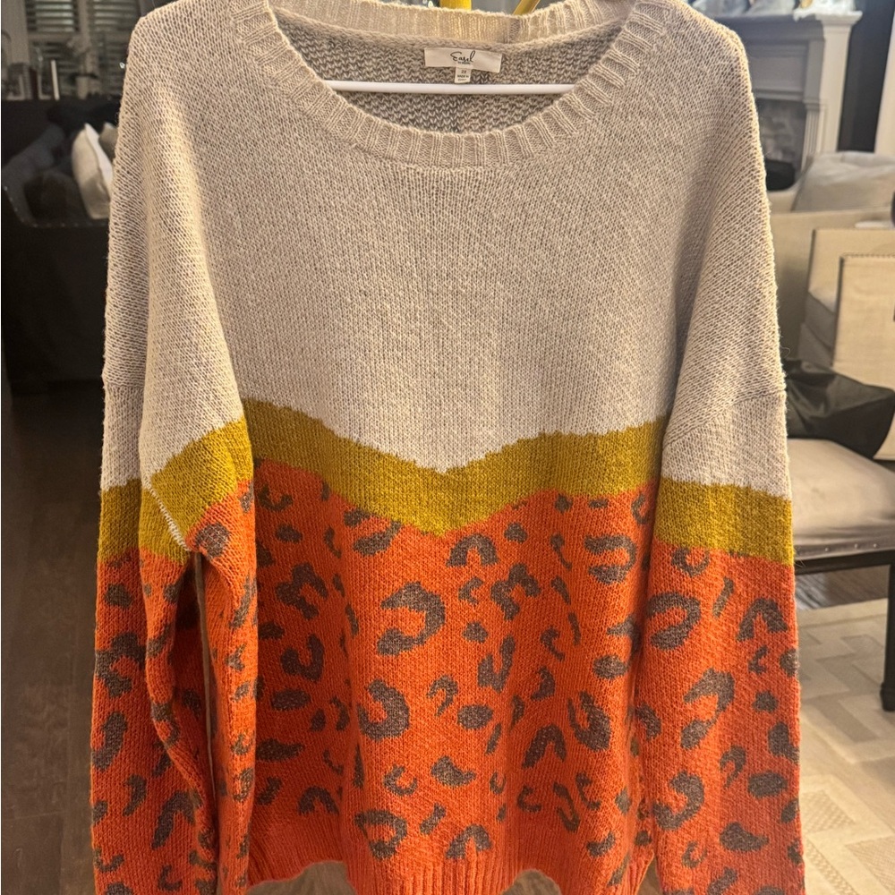 Easel Colorblock Animal Print Sweater - Orange, Yellow, Gray